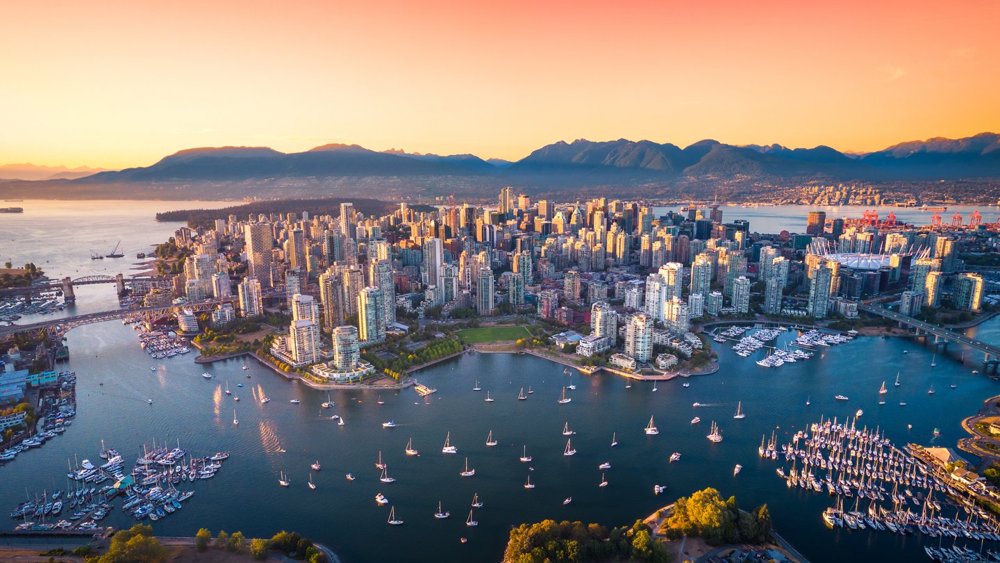 Aerial view of Vancouver at sunset
